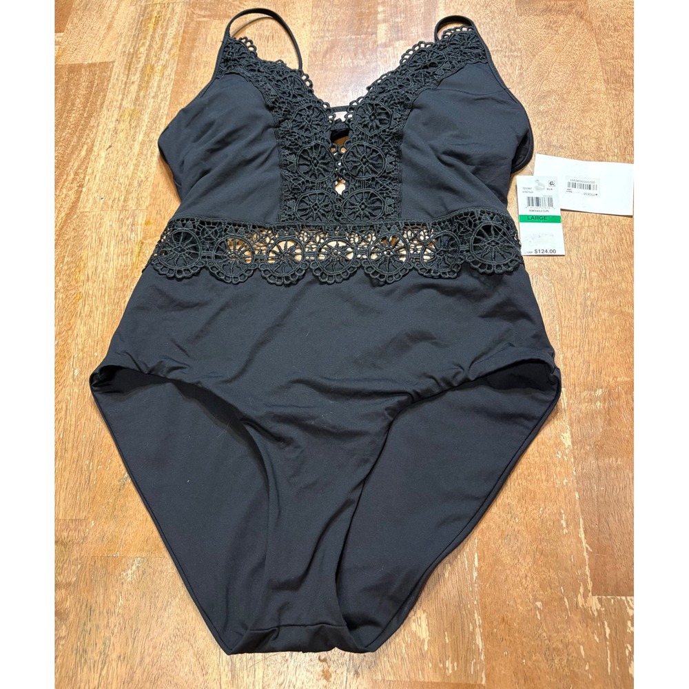 NWT BECCA by Rebecca Virtue Siren Black One Piece Swimsuit Lace Plunge Large L